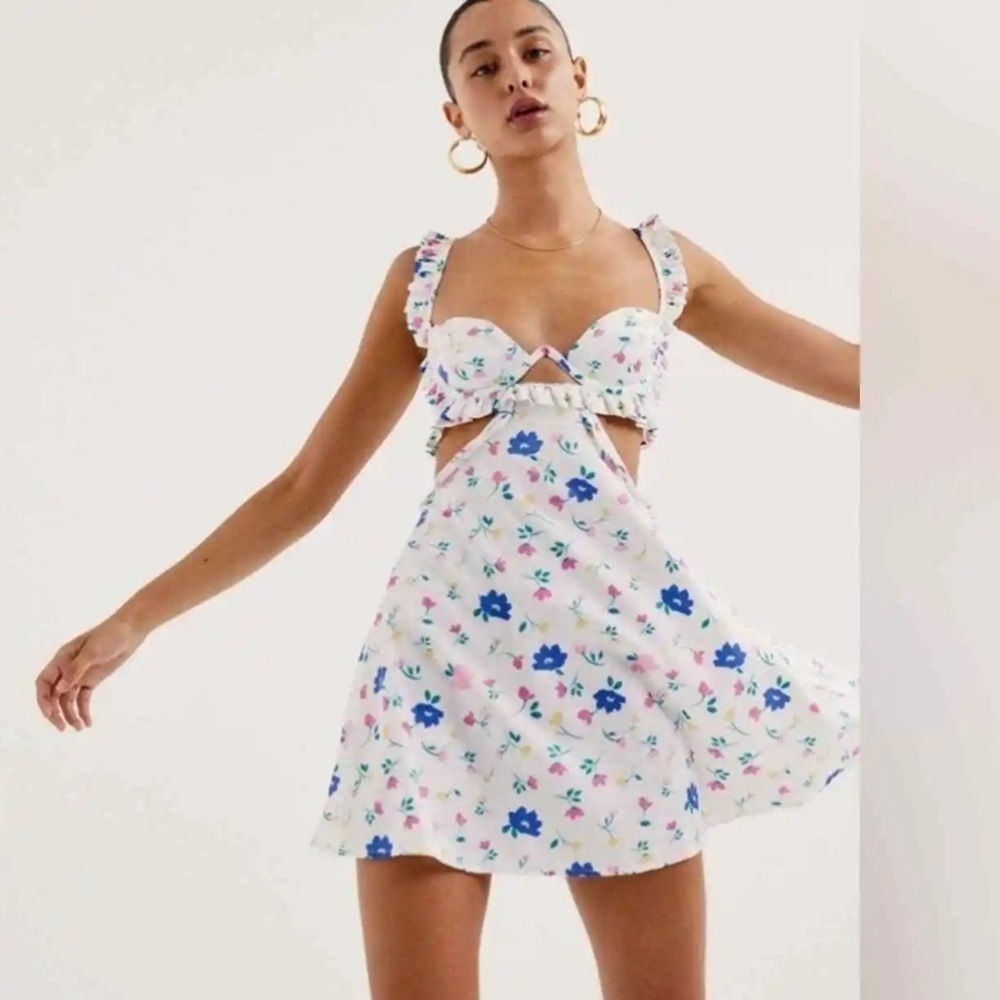 NWT For Love And Lemons Farah Floral Satin Cut Out Side Mini Dress